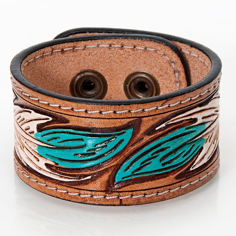 ADBRF169 Tooled Leather Cuff Bracelet - Turquoise & Cream Leaf Design with Snap Closure