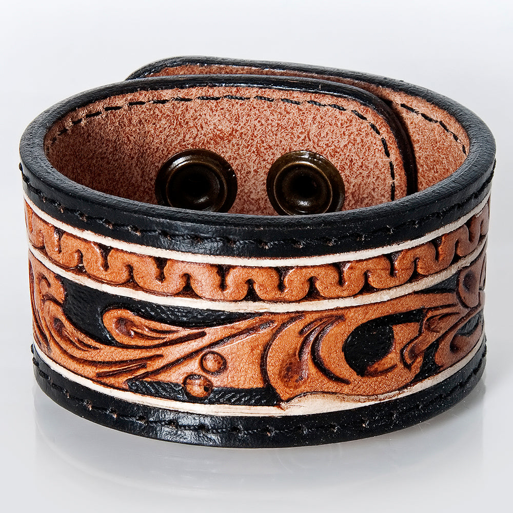 LC-ADBRF171 Tooled Leather Cuff Bracelet - Black & Tan Western Swirl with Snap Closure
