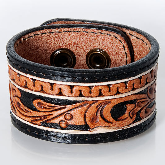 LC-ADBRF171 Tooled Leather Cuff Bracelet - Black & Tan Western Swirl with Snap Closure