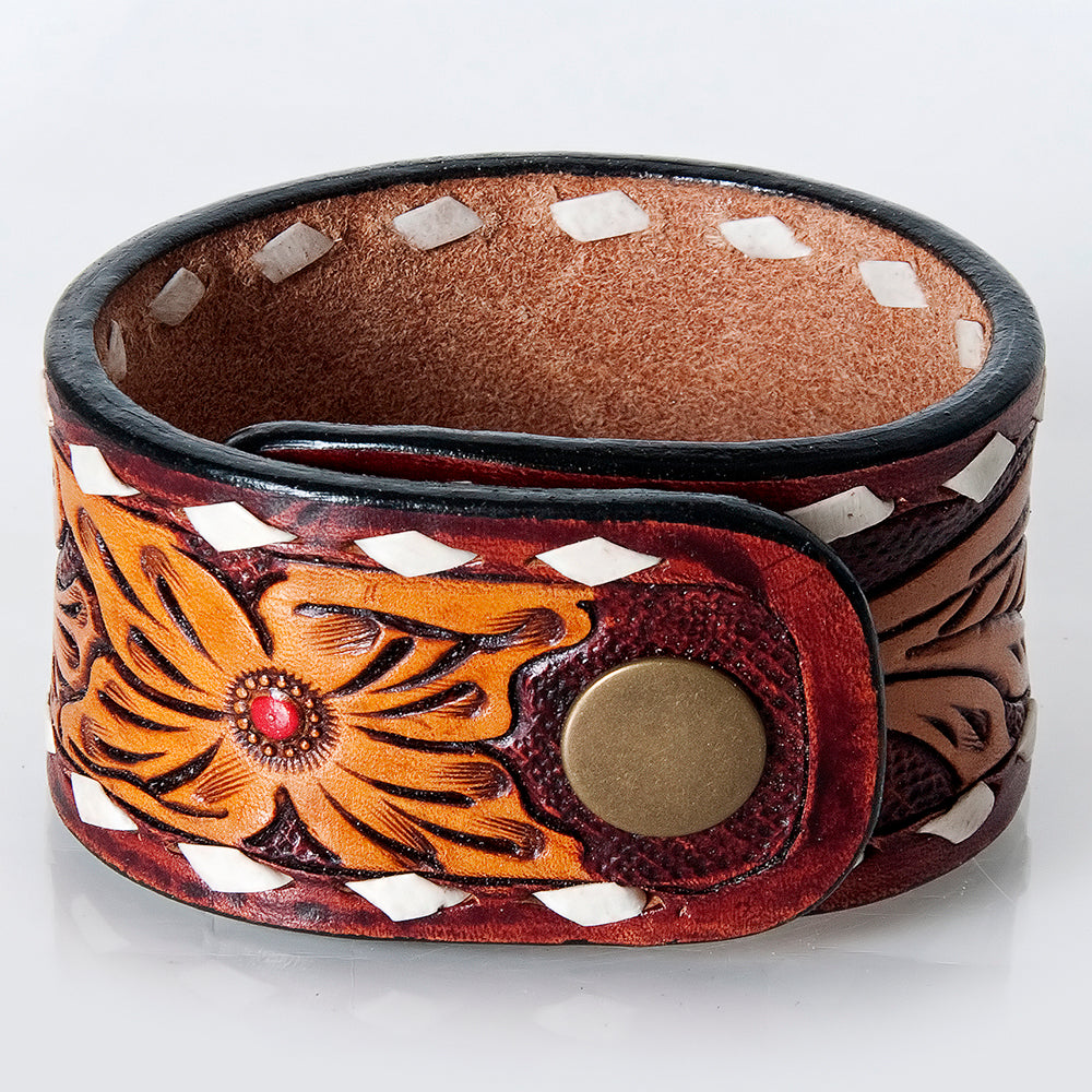 LC-ADBRF174 Hand-Tooled Leather Cuff - Green Cactus & Western Scroll Design