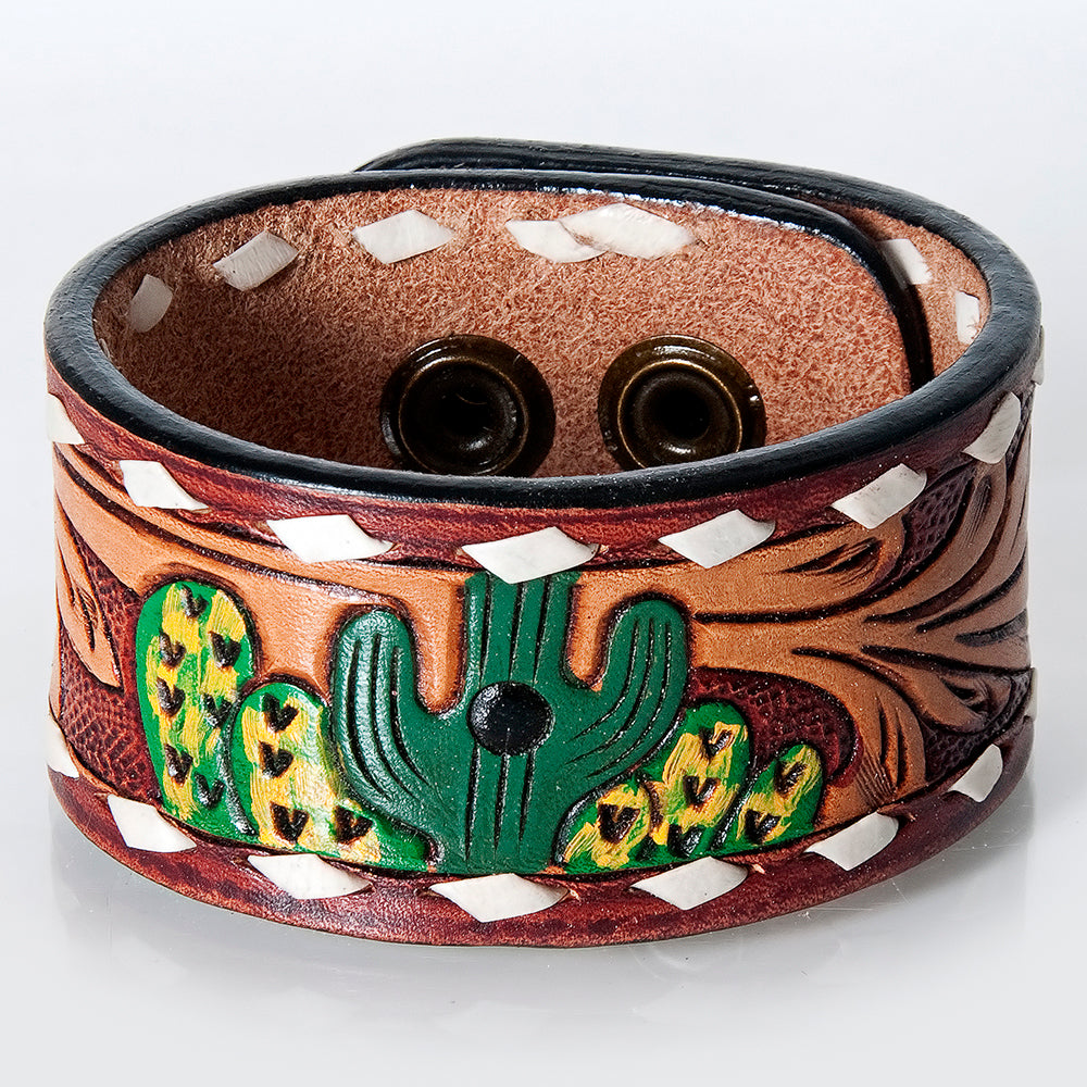 LC-ADBRF174 Hand-Tooled Leather Cuff - Green Cactus & Western Scroll Design