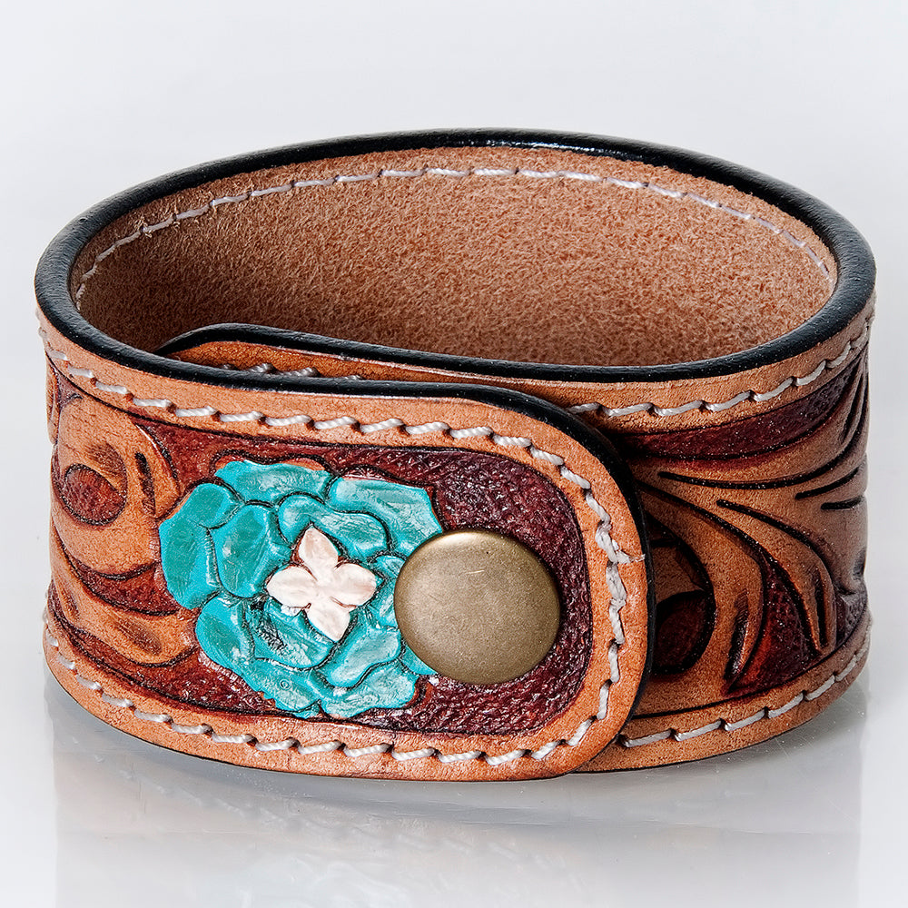 ADBRF176 Tooled Leather Cuff Bracelet - Yellow Sunflower Design