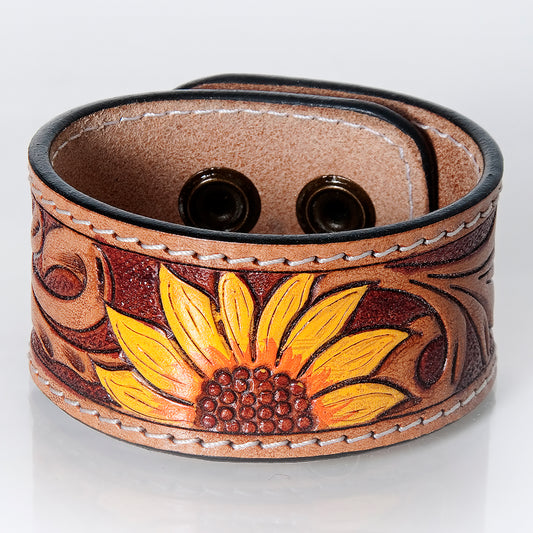 ADBRF176 Tooled Leather Cuff Bracelet - Yellow Sunflower Design