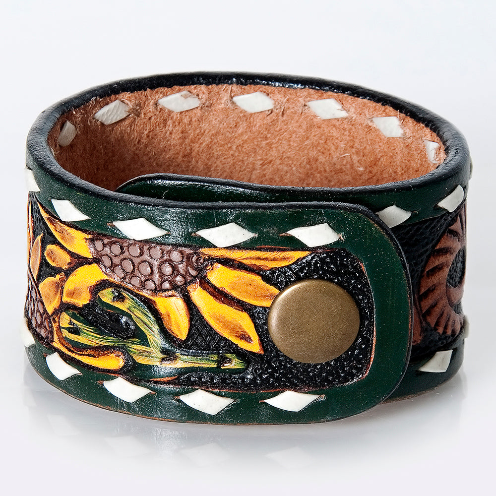LC-ADBRF177 Tooled Leather Cuff Bracelet - Green Edge & Yellow Floral Accent with Turquoise Ascent