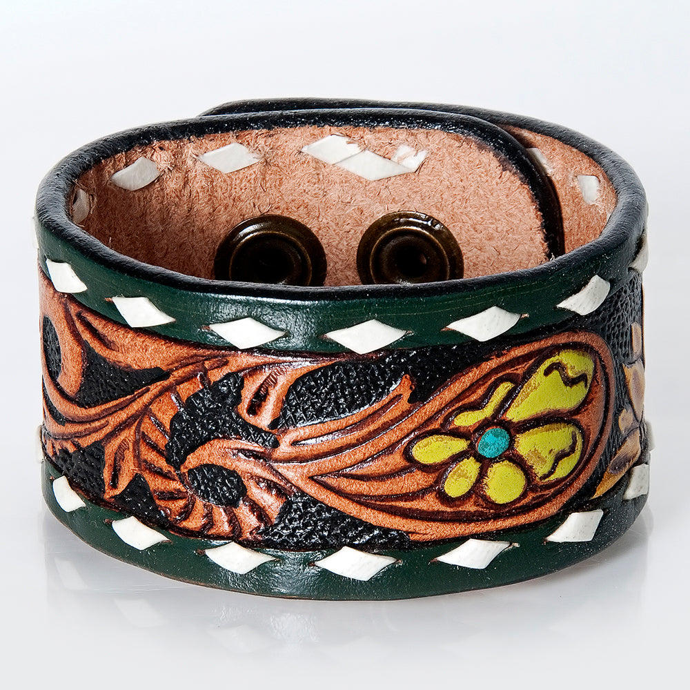 LC-ADBRF177 Tooled Leather Cuff Bracelet - Green Edge & Yellow Floral Accent with Turquoise Ascent