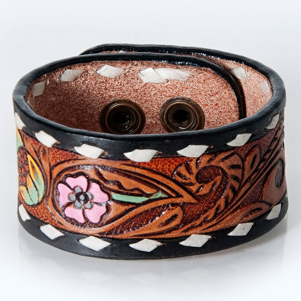 LC-ADBRF178 Tooled Leather Cuff Bracelet - Pink Flower & Black Whipstitch Border