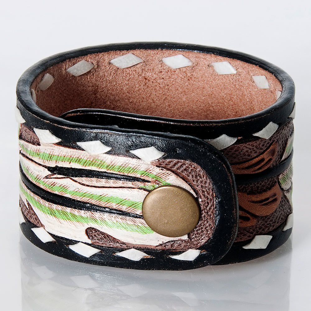 LC-ADBRF179 Tooled Leather Cuff Bracelet - Feather Motif with Black & White Whipstitch Trim