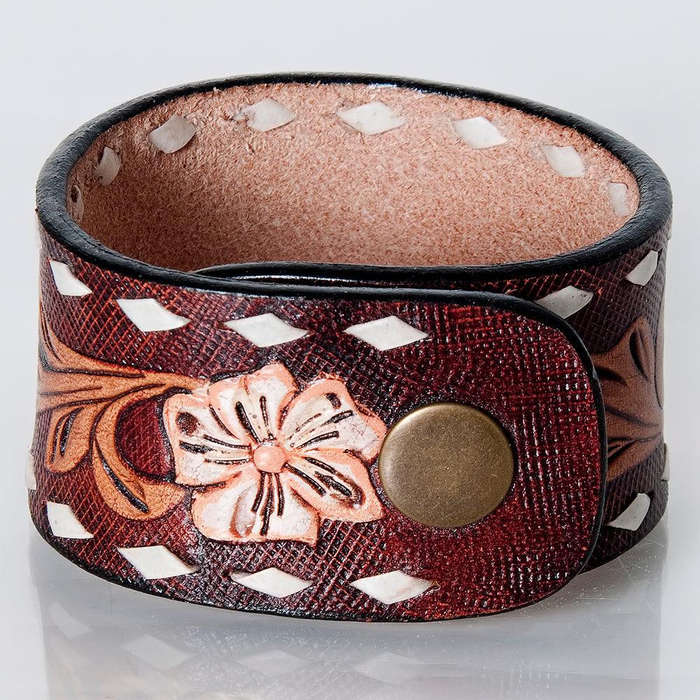 LC-ADBRF181 Tooled Leather Cuff Bracelet - Ivory Feather on Deep Maroon with Whipstitch Trim