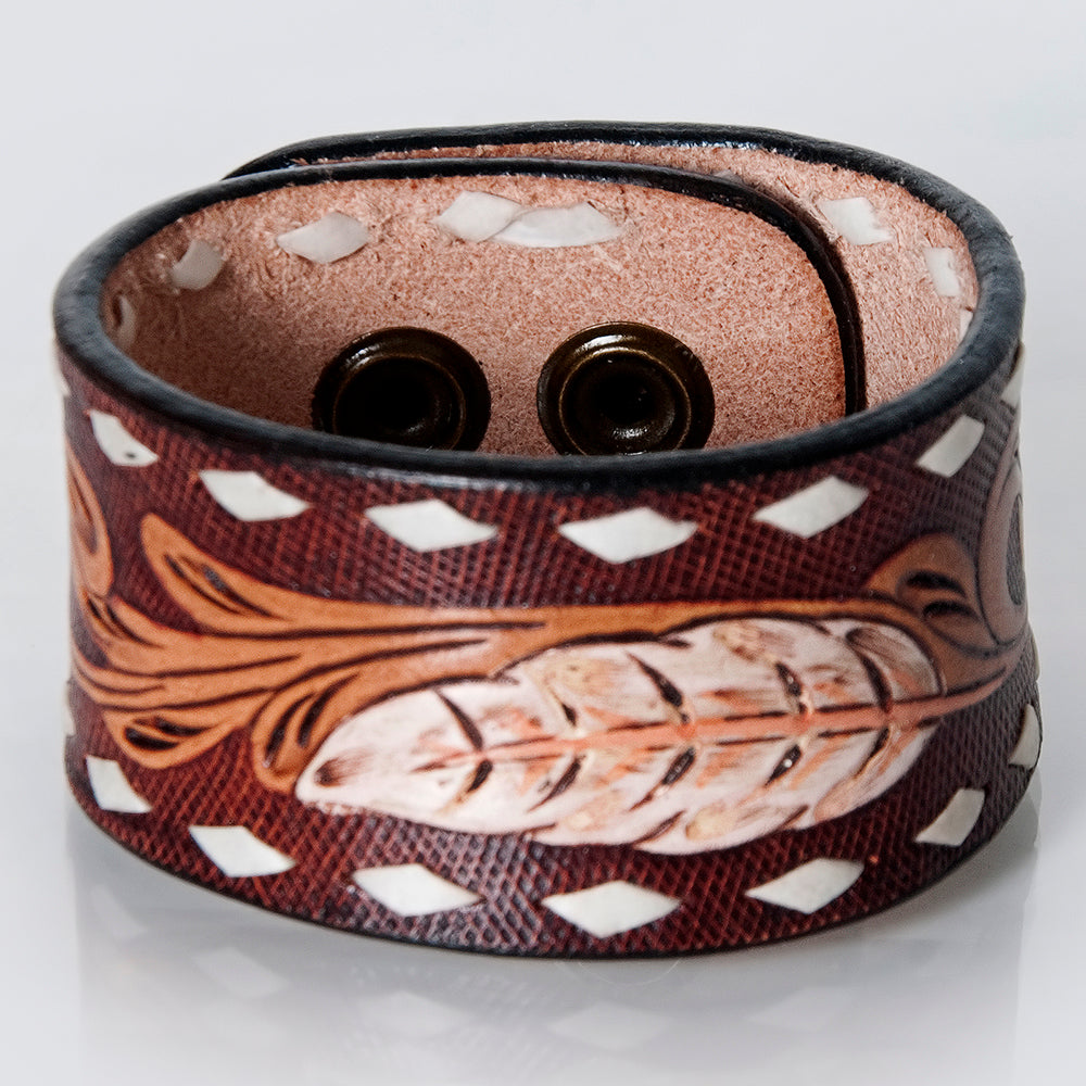 LC-ADBRF181 Tooled Leather Cuff Bracelet - Ivory Feather on Deep Maroon with Whipstitch Trim