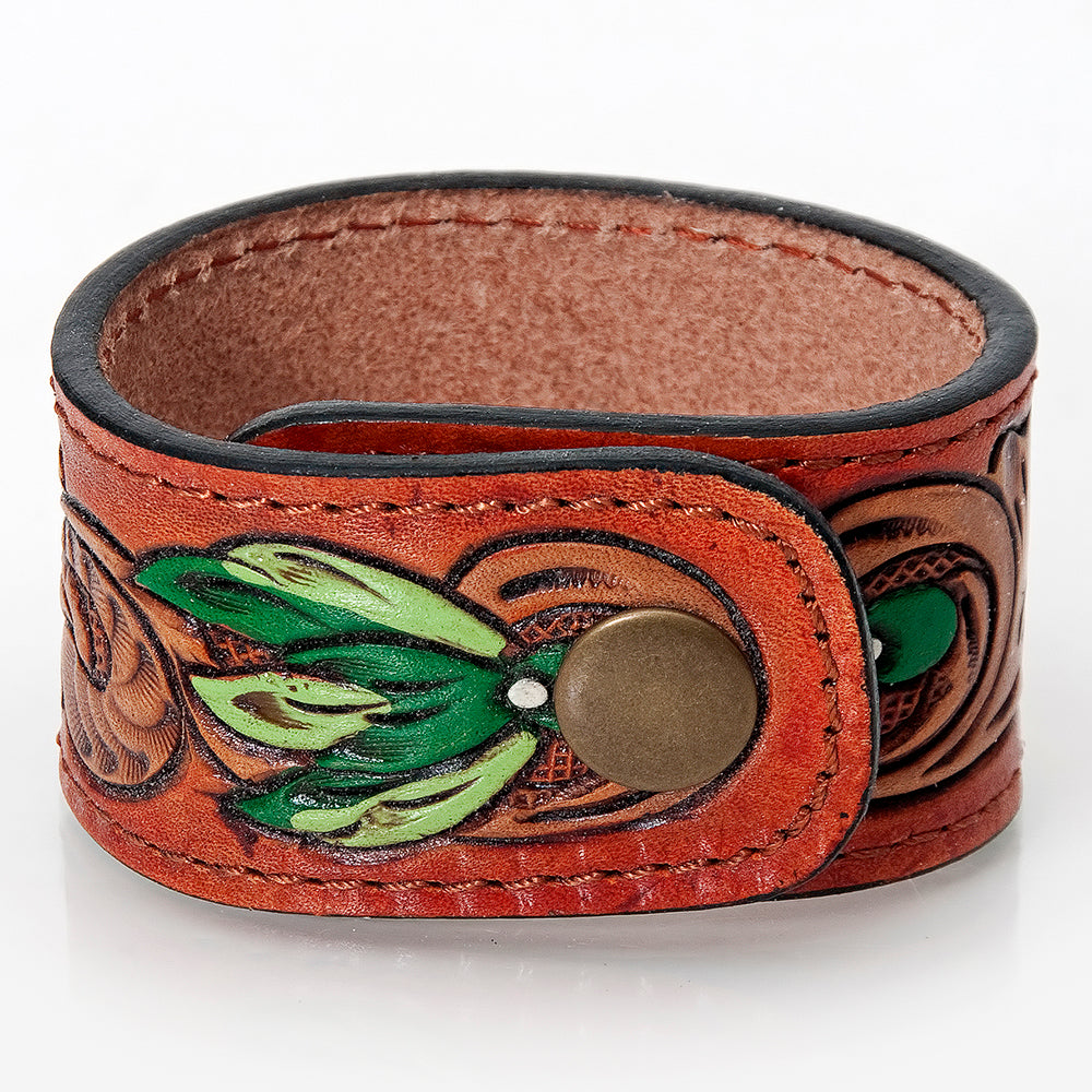 LC-ADBRF183 Tooled Leather Cuff Bracelet - Western Floral Scroll with White Flower and Green Center
