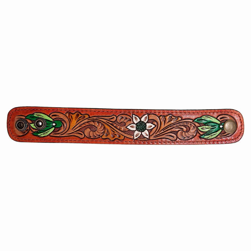 LC-ADBRF183 Tooled Leather Cuff Bracelet - Western Floral Scroll with White Flower and Green Center