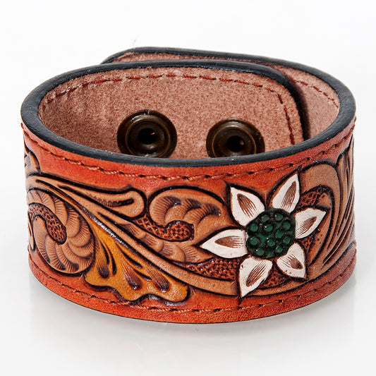 LC-ADBRF183 Tooled Leather Cuff Bracelet - Western Floral Scroll with White Flower and Green Center