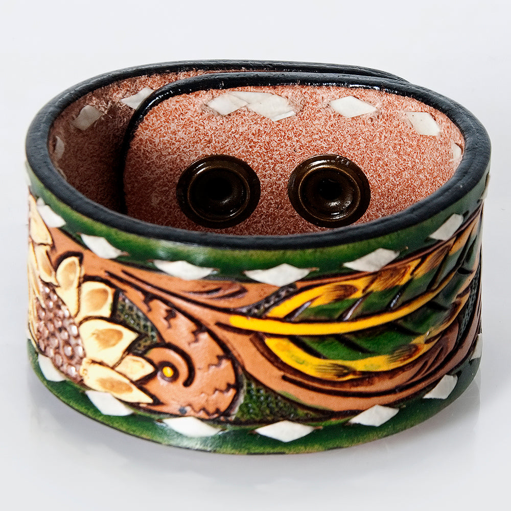 LC-ADBRF184 Tooled Leather Cuff Bracelet - Sunflower and Scroll Design with Green Background