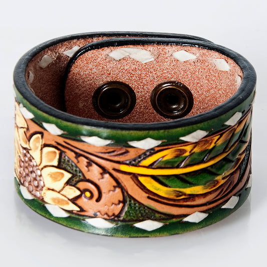 LC-ADBRF184 Tooled Leather Cuff Bracelet - Sunflower and Scroll Design with Green Background