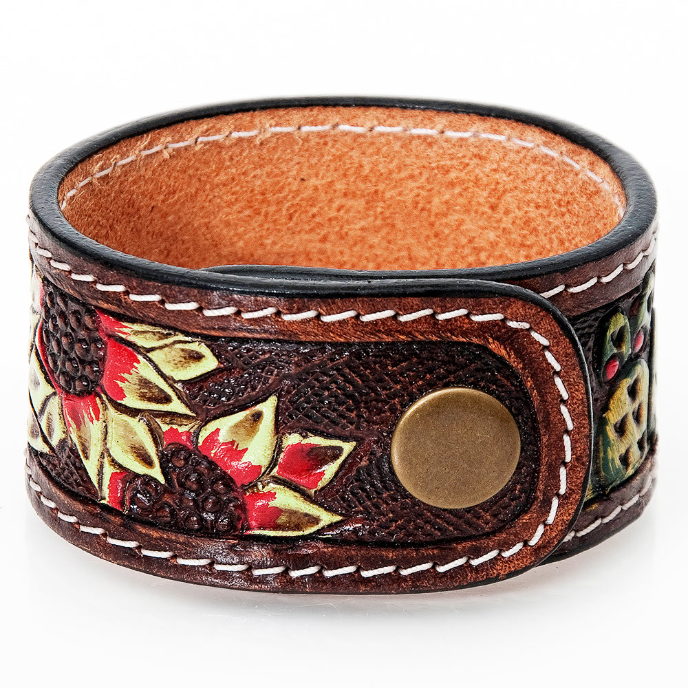 LC-ADBRF186 Tooled Leather Cuff Bracelet - Sunflower & Scroll Design with Burgundy Border