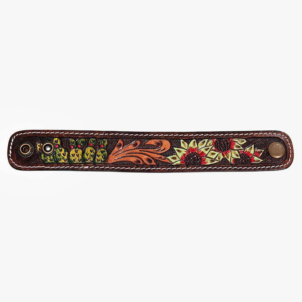 LC-ADBRF186 Tooled Leather Cuff Bracelet - Sunflower & Scroll Design with Burgundy Border