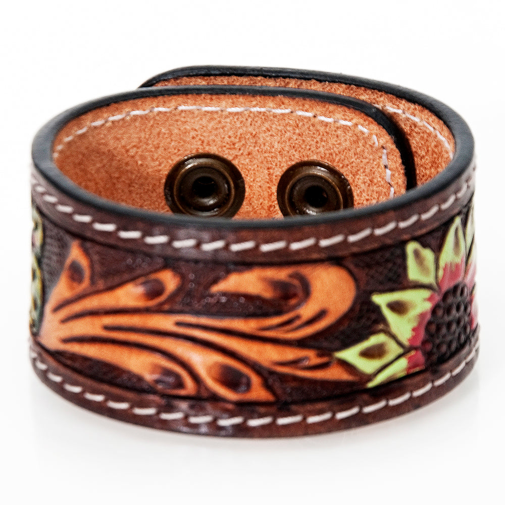 LC-ADBRF186 Tooled Leather Cuff Bracelet - Sunflower & Scroll Design with Burgundy Border