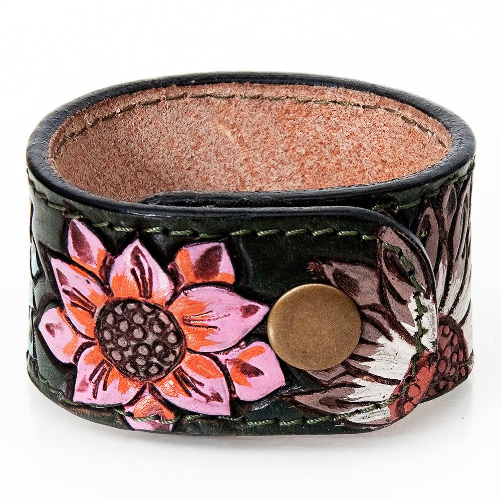 LC-ADBRF187 Hand Tooled Leather Cuff - Red Heart & Sunflower Design