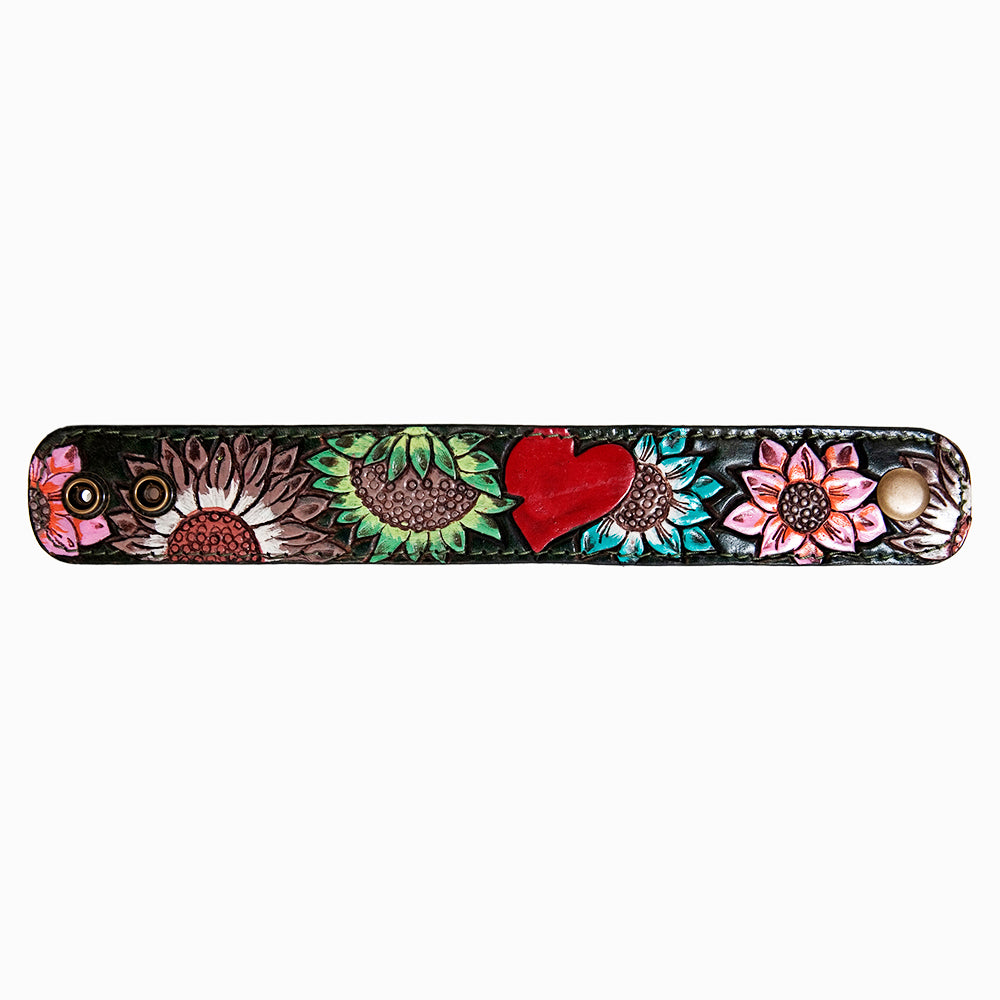 LC-ADBRF187 Hand Tooled Leather Cuff - Red Heart & Sunflower Design
