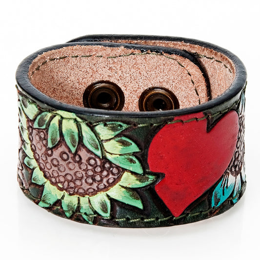 LC-ADBRF187 Hand Tooled Leather Cuff - Red Heart & Sunflower Design