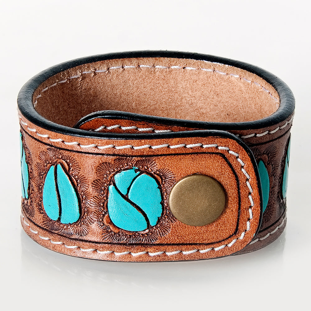 ADBRF188 Hand Tooled Leather Cuff - Turquoise Gemstone-Inspired Design