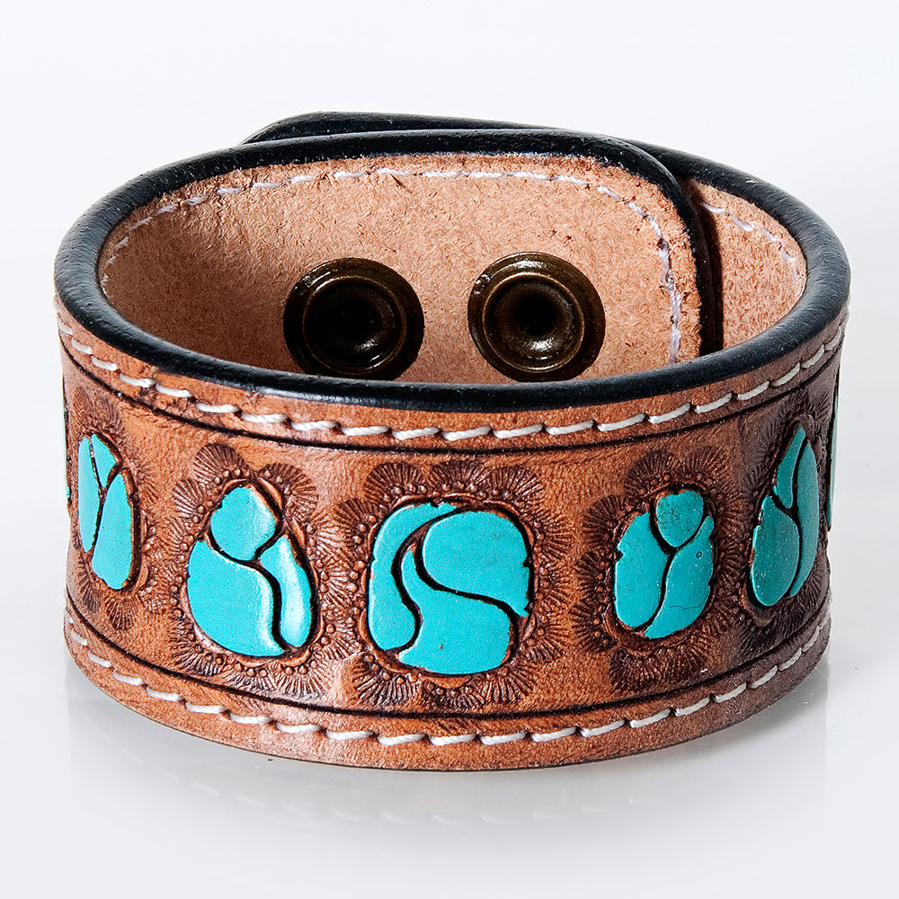 ADBRF188 Hand Tooled Leather Cuff - Turquoise Gemstone-Inspired Design