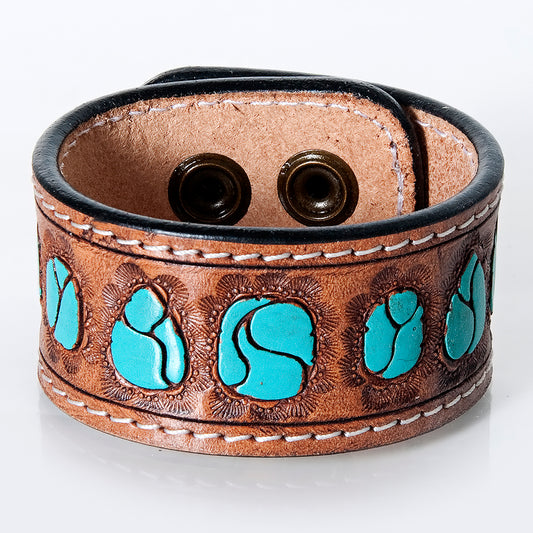 ADBRF188 Hand Tooled Leather Cuff - Turquoise Gemstone-Inspired Design
