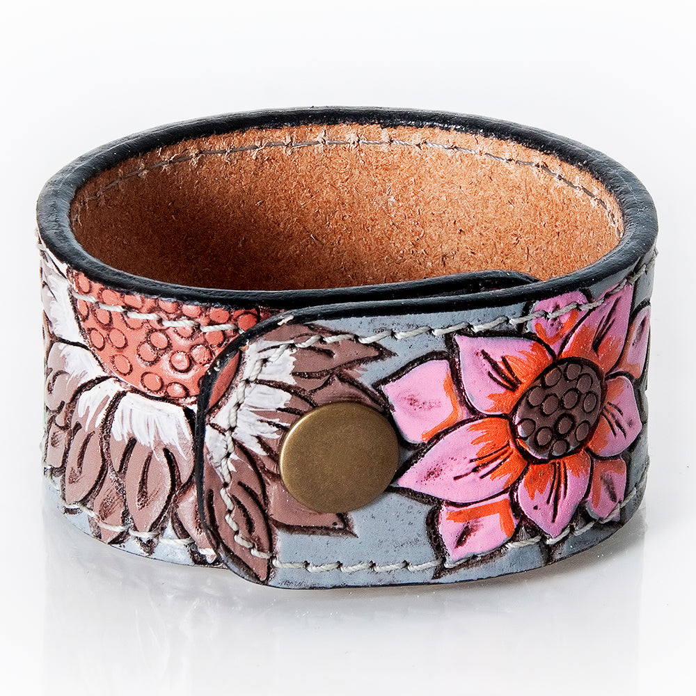 LC-ADBRF189 Hand Tooled Leather Cuff - Red Heart & Sunflower Floral Design