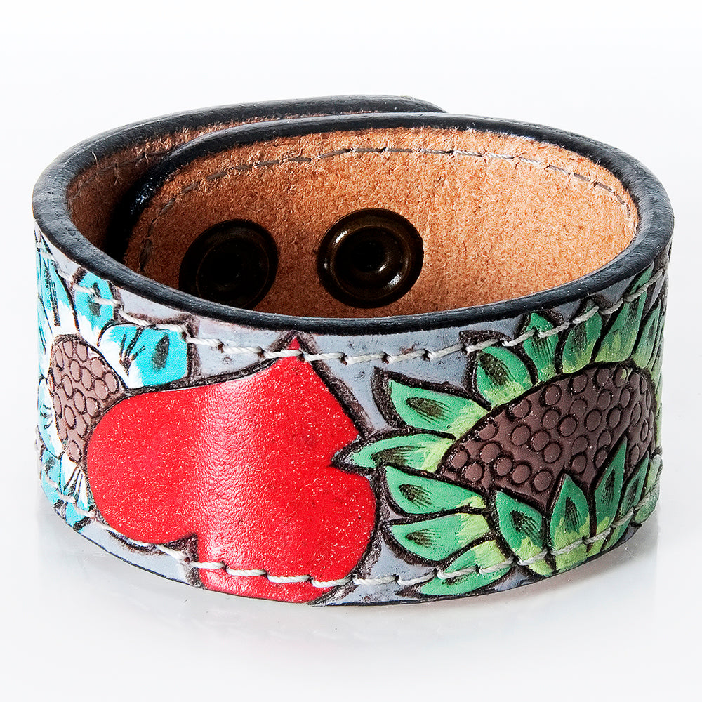 LC-ADBRF189 Hand Tooled Leather Cuff - Red Heart & Sunflower Floral Design