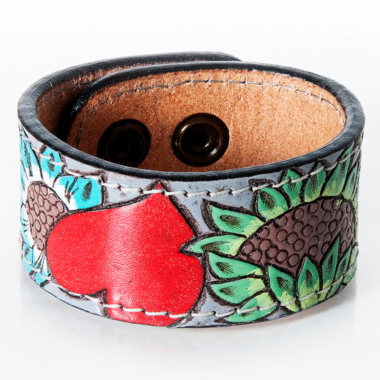 LC-ADBRF189 Hand Tooled Leather Cuff - Red Heart & Sunflower Floral Design