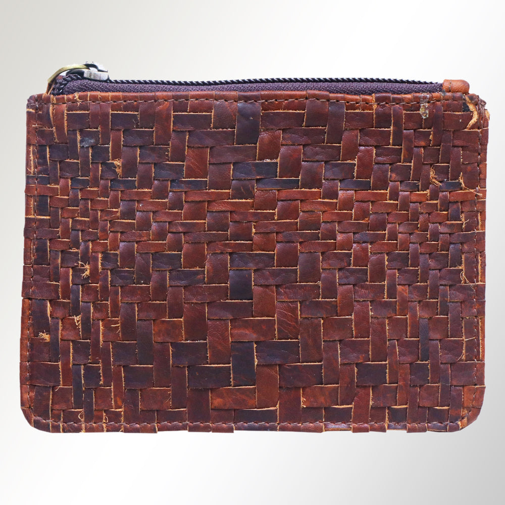 ADBGM121 Handwoven Leather Coin Pouch - Distressed Basketweave Zip Wallet