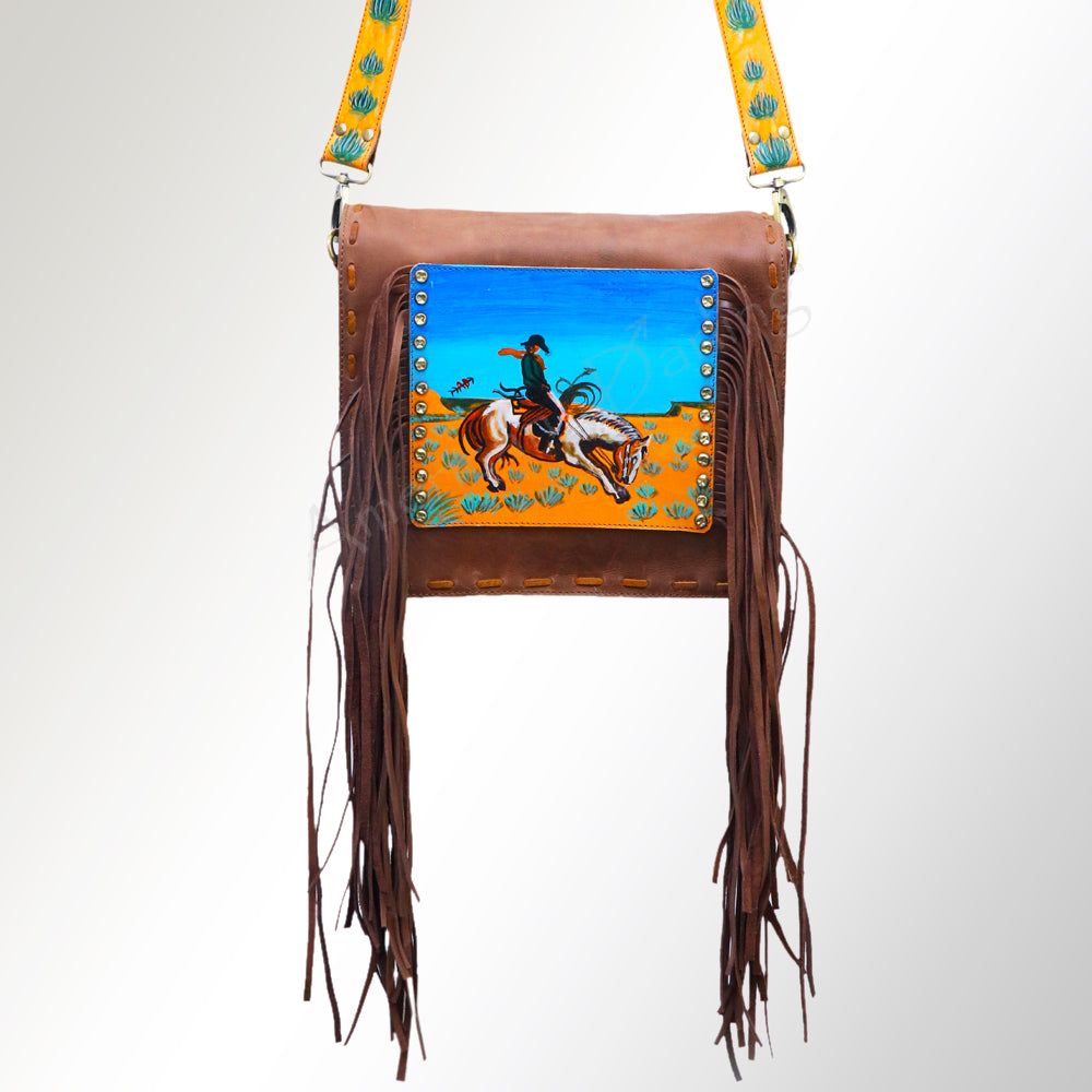 ADBGM109 Fringed Leather Western Crossbody Bag - Painted Artwork