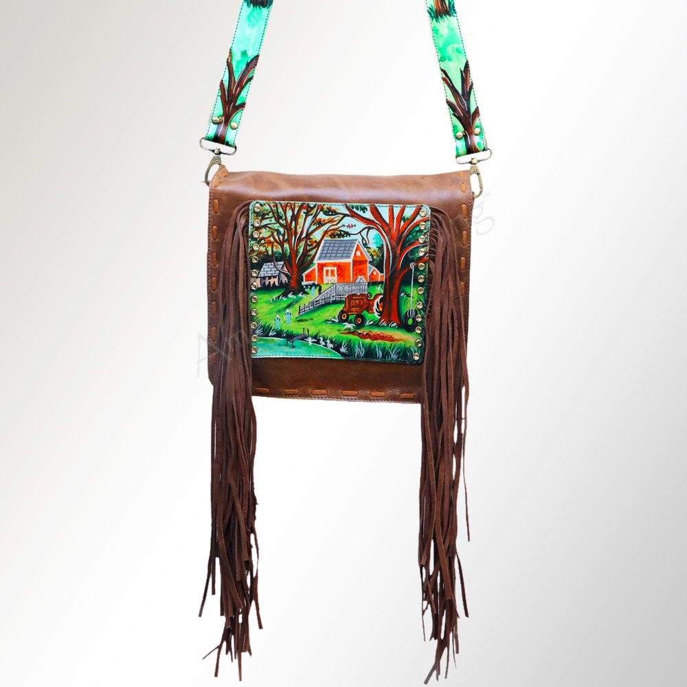 ADBGM109 Fringed Leather Western Crossbody Bag - Painted Artwork