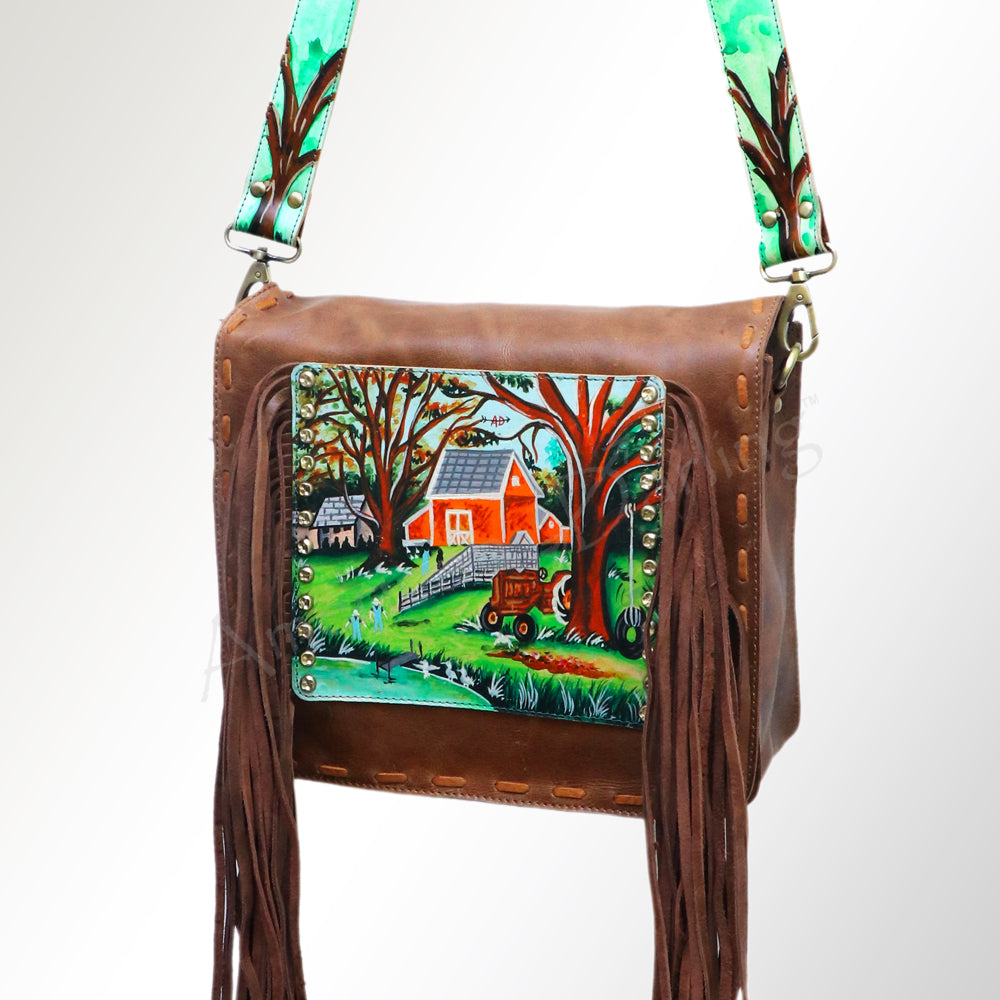 ADBGM109 Fringed Leather Western Crossbody Bag - Painted Artwork