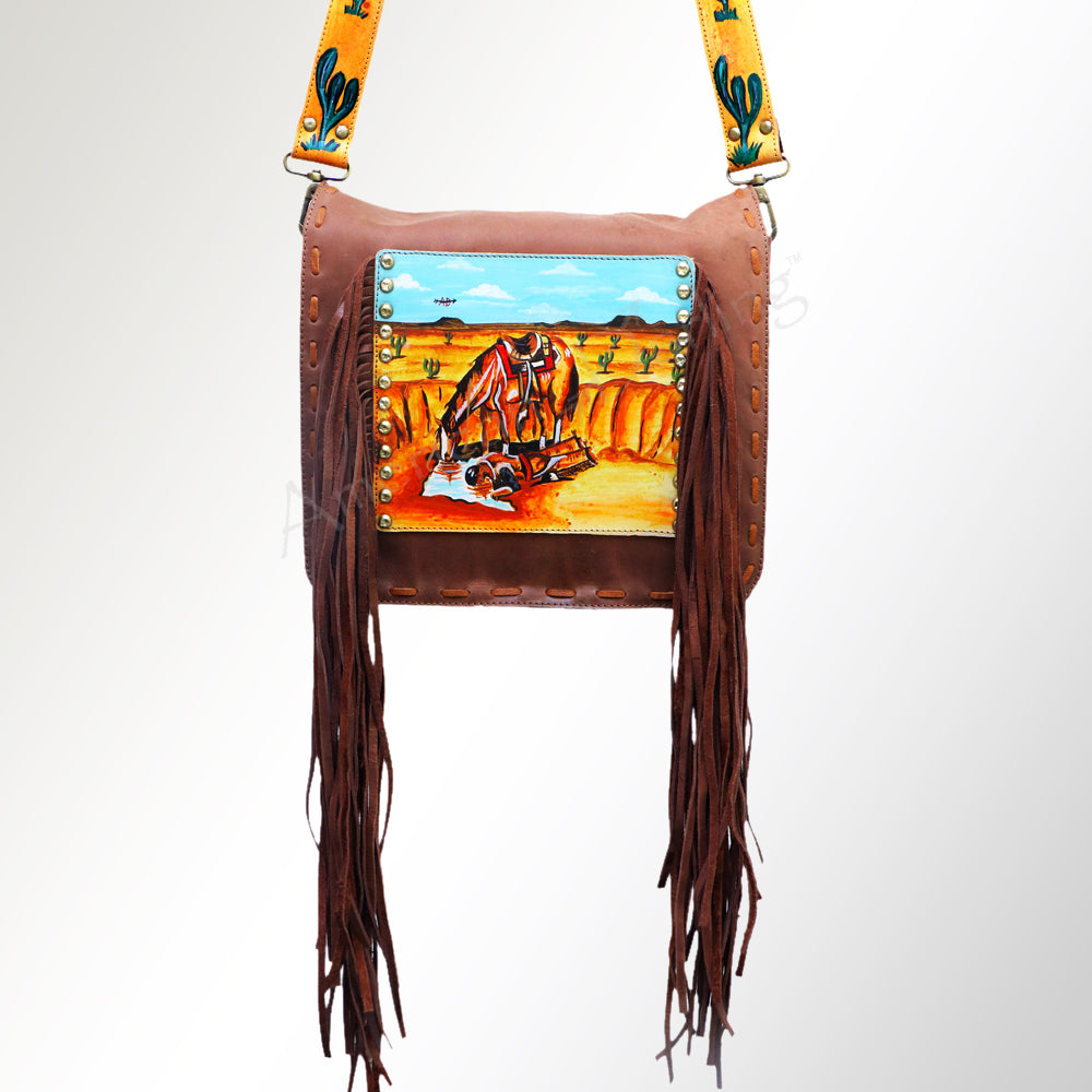 ADBGM109 Fringed Leather Western Crossbody Bag - Painted Artwork