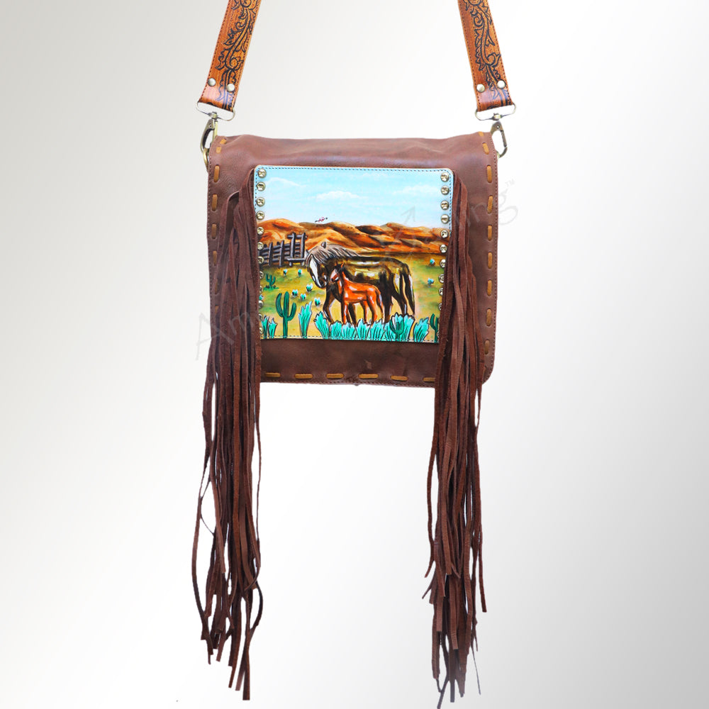 ADBGM109 Fringed Leather Western Crossbody Bag - Painted Artwork