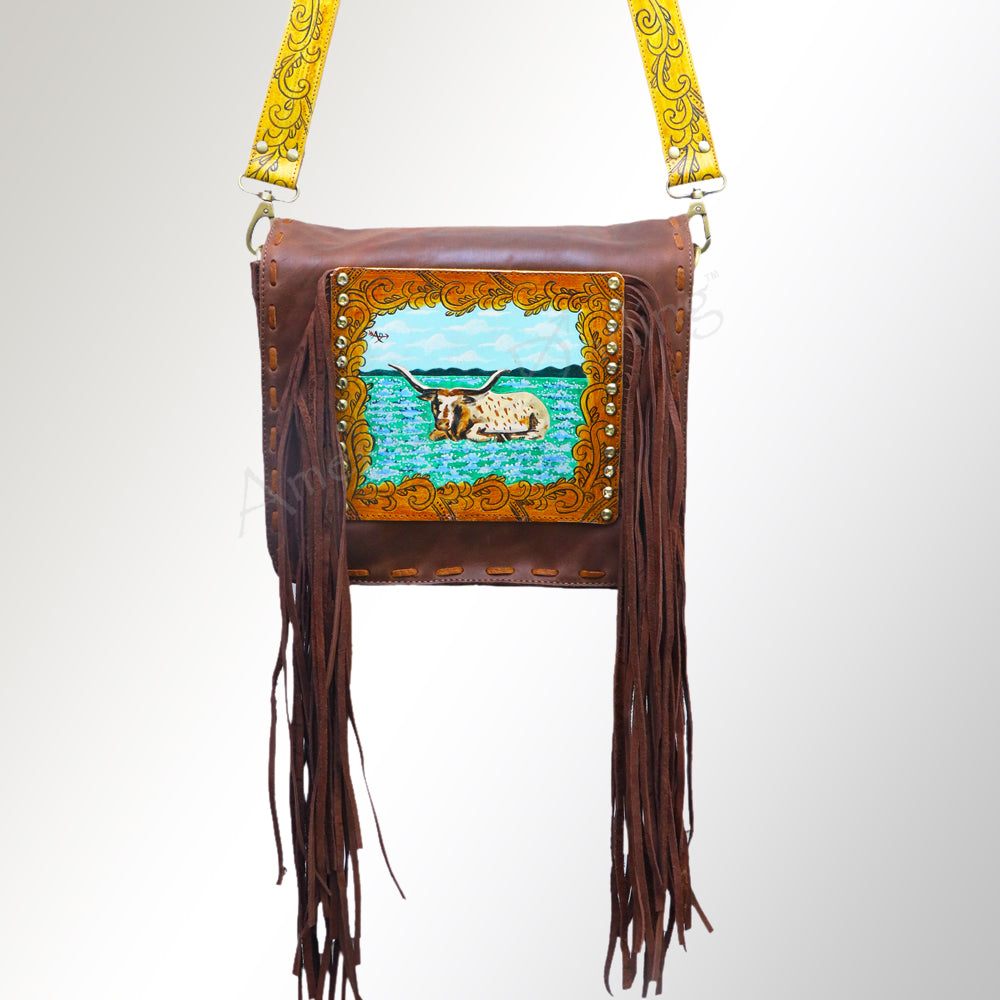 ADBGM109 Fringed Leather Western Crossbody Bag - Painted Artwork