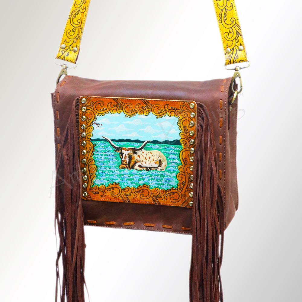 ADBGM109 Fringed Leather Western Crossbody Bag - Painted Artwork