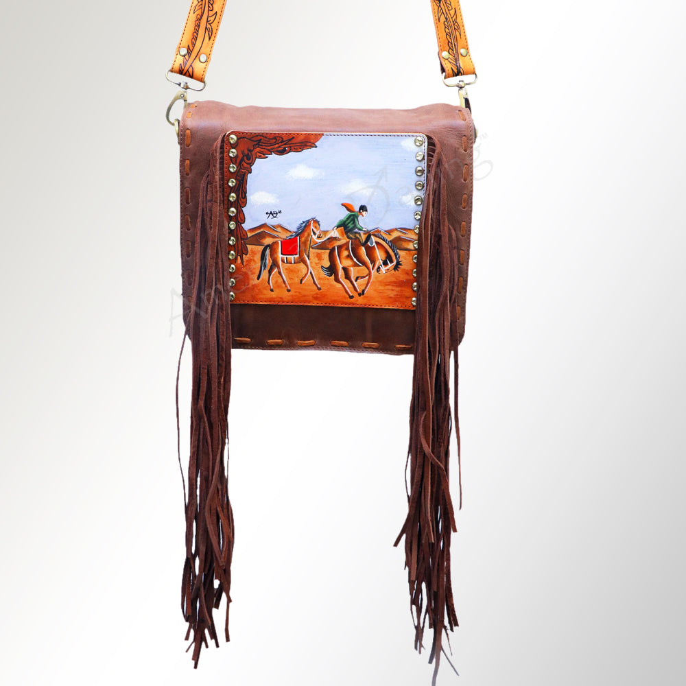 ADBGM109 Fringed Leather Western Crossbody Bag - Painted Artwork
