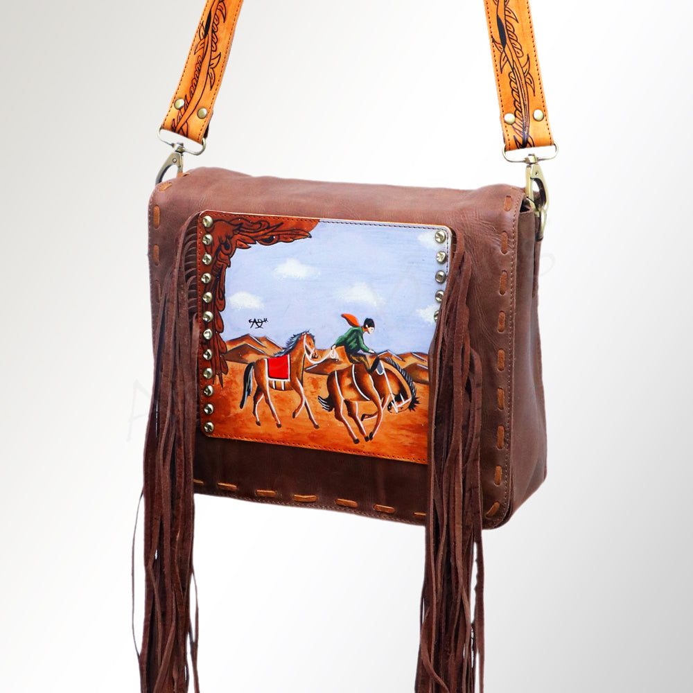 ADBGM109 Fringed Leather Western Crossbody Bag - Painted Artwork