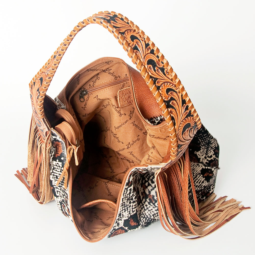 LC-ADBG803 Western Hobo Bag Hair-On Cowhide & Tooled Leather Shoulder Purse