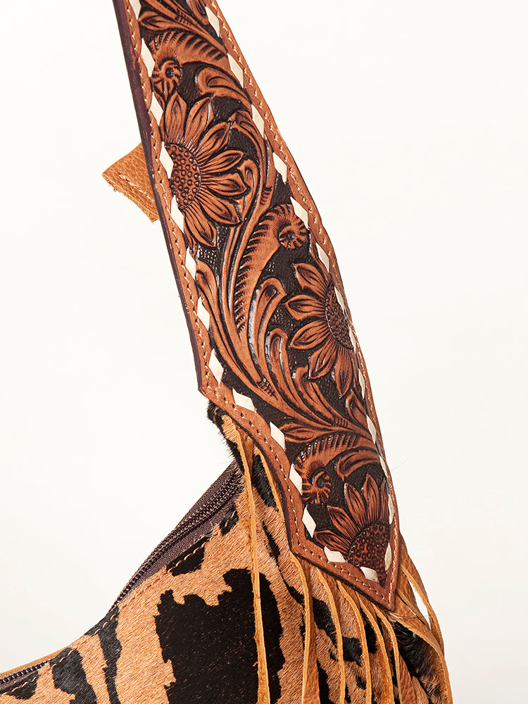 LC-ADBGA224 American Darling Hobo Bag Leopard Hair-On Hide with Tooled Leather Strap