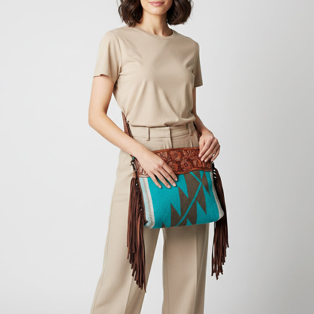 LC-ADBGZ558 Turquoise Southwestern Woven Crossbody Bag - Floral Tooled Leather & Fringe