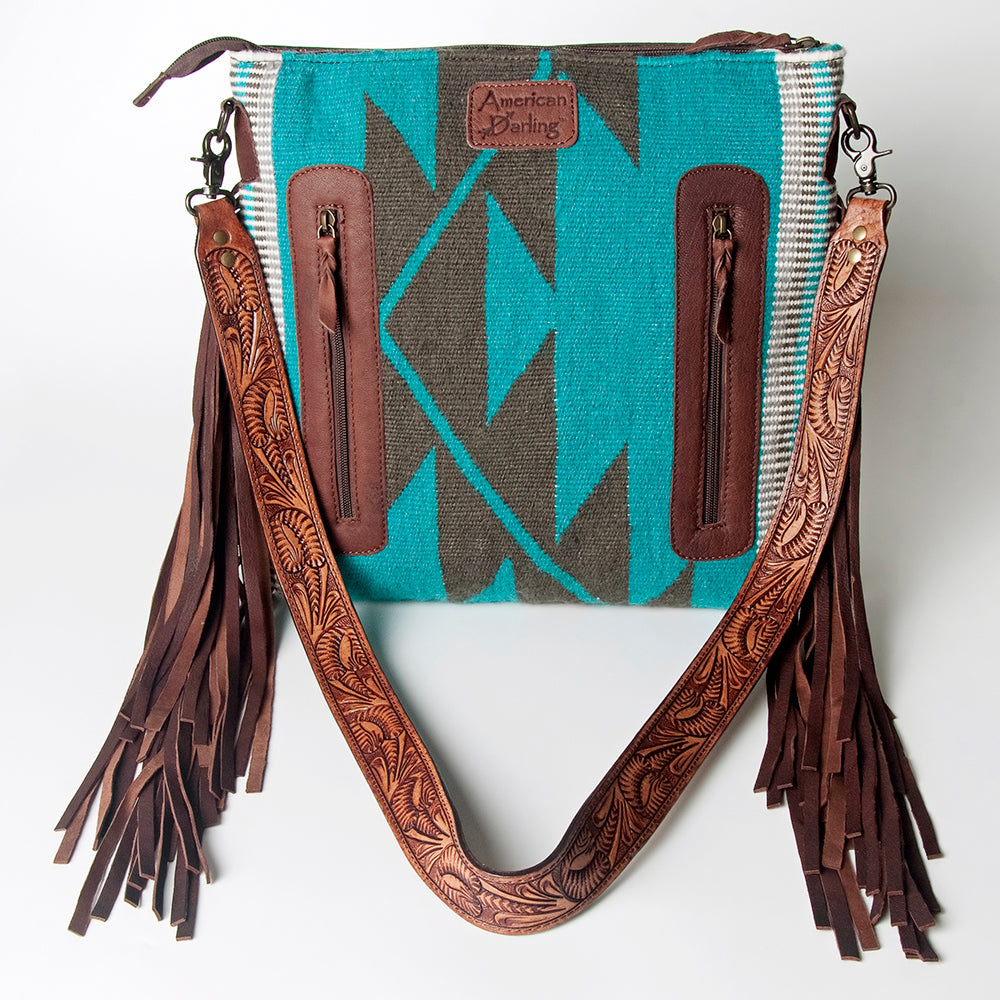 LC-ADBGZ558 Turquoise Southwestern Woven Crossbody Bag - Floral Tooled Leather & Fringe