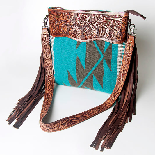 LC-ADBGZ558 Turquoise Southwestern Woven Crossbody Bag - Floral Tooled Leather & Fringe