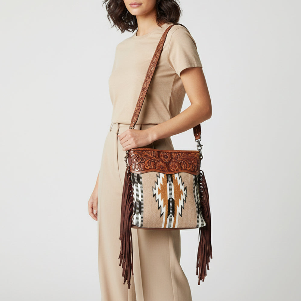 LC-ADBGZ562 Beige Southwestern Woven Crossbody Bag - Tooled Leather Floral Trim with Fringe