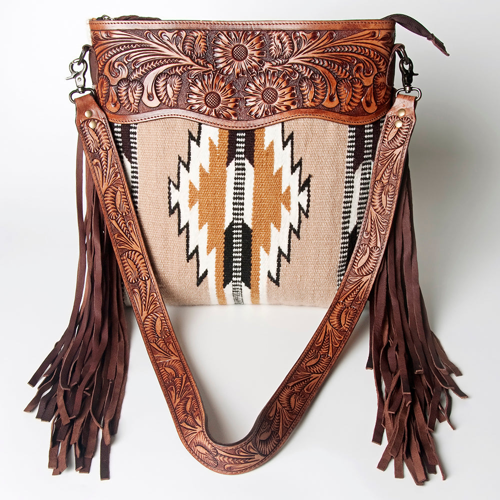 LC-ADBGZ562 Beige Southwestern Woven Crossbody Bag - Tooled Leather Floral Trim with Fringe
