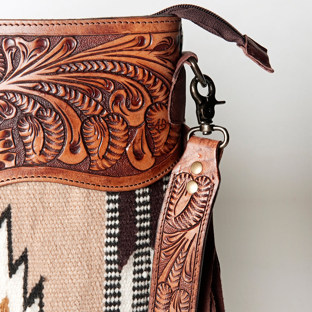 LC-ADBGZ562 Beige Southwestern Woven Crossbody Bag - Tooled Leather Floral Trim with Fringe