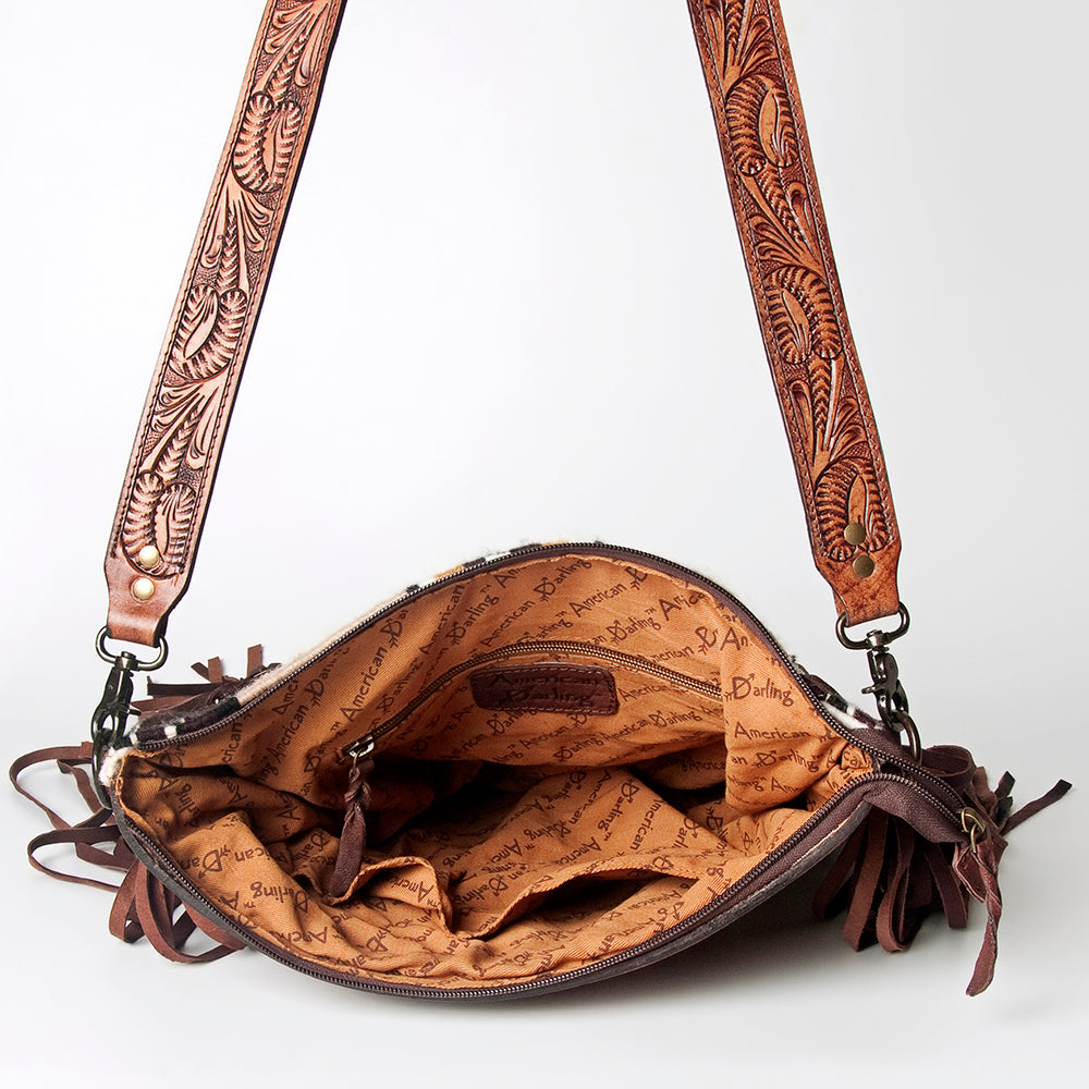 LC-ADBGZ562 Beige Southwestern Woven Crossbody Bag - Tooled Leather Floral Trim with Fringe