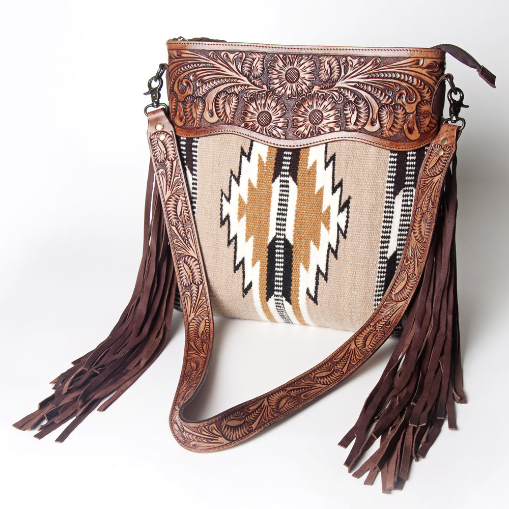 LC-ADBGZ562 Beige Southwestern Woven Crossbody Bag - Tooled Leather Floral Trim with Fringe